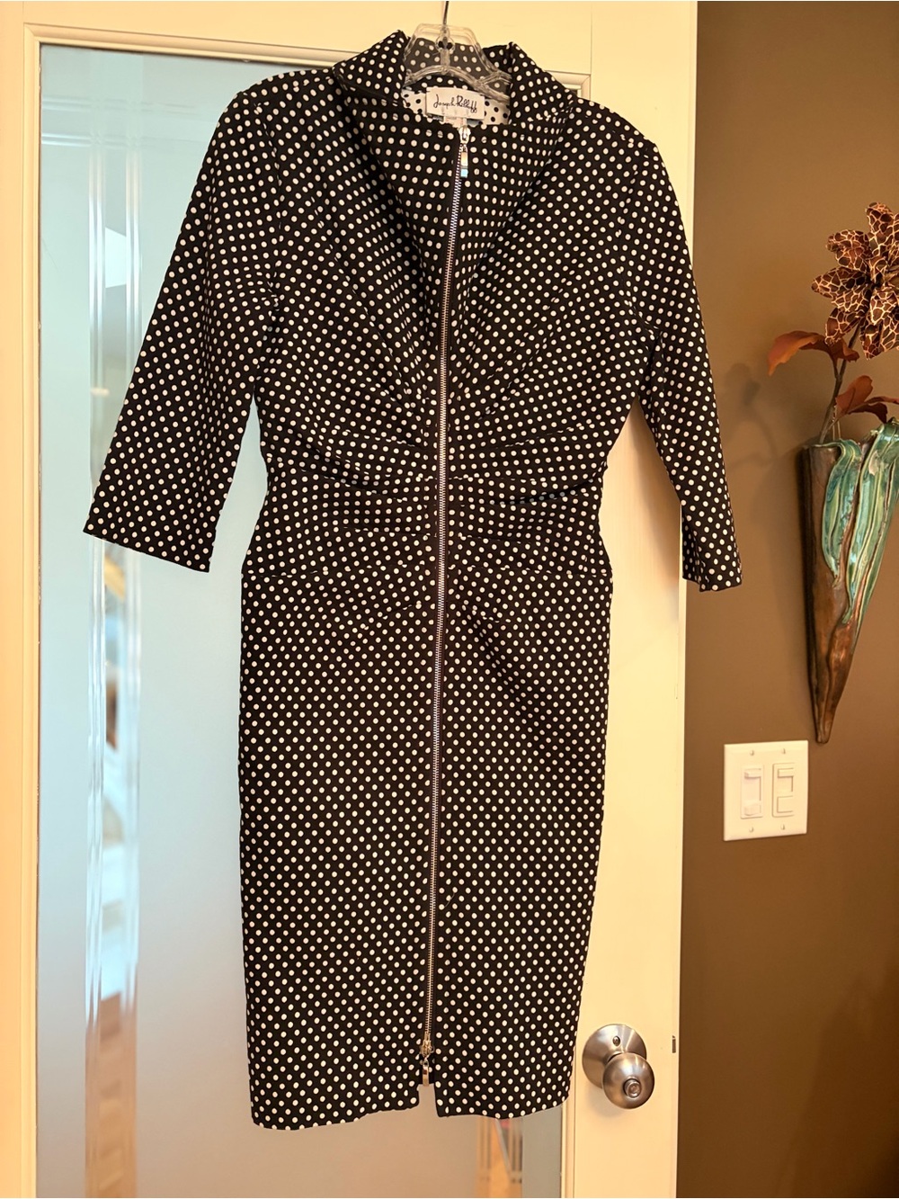 Joseph Ribkoff Black and White Polka Dot Zip-Front Midi Dress Size 10